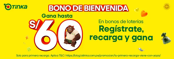 Banner amarillo de registro de La Tinka que anuncia un bono de bienvenida por la primera recarga