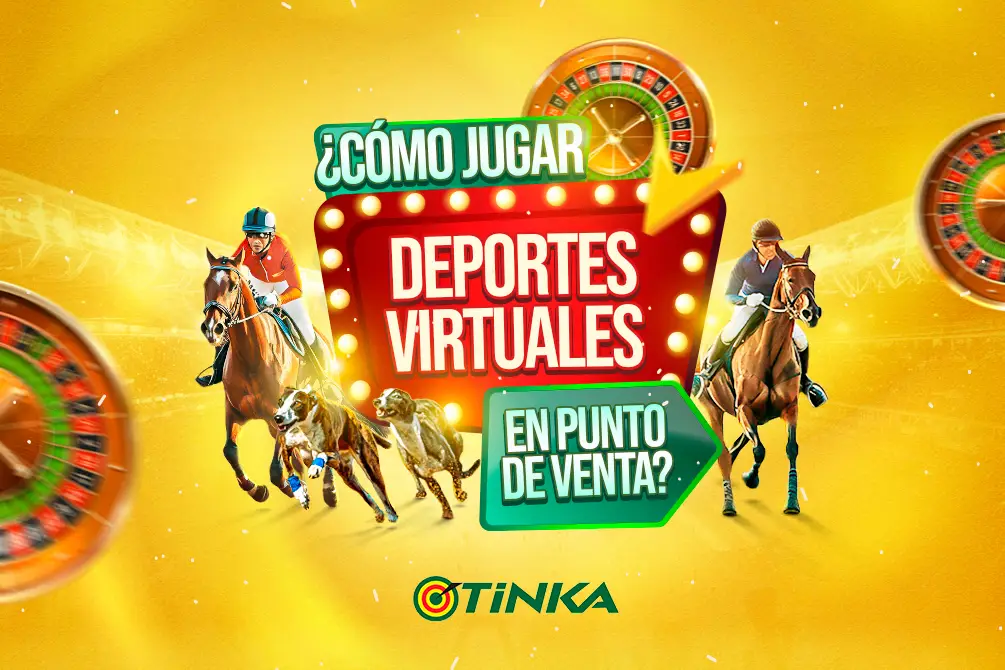 Pieza promocional titulada «¿Cómo jugar deportes virtuales?» con caballos de carrera y una ruleta dibujados alrededor del rótulo.
