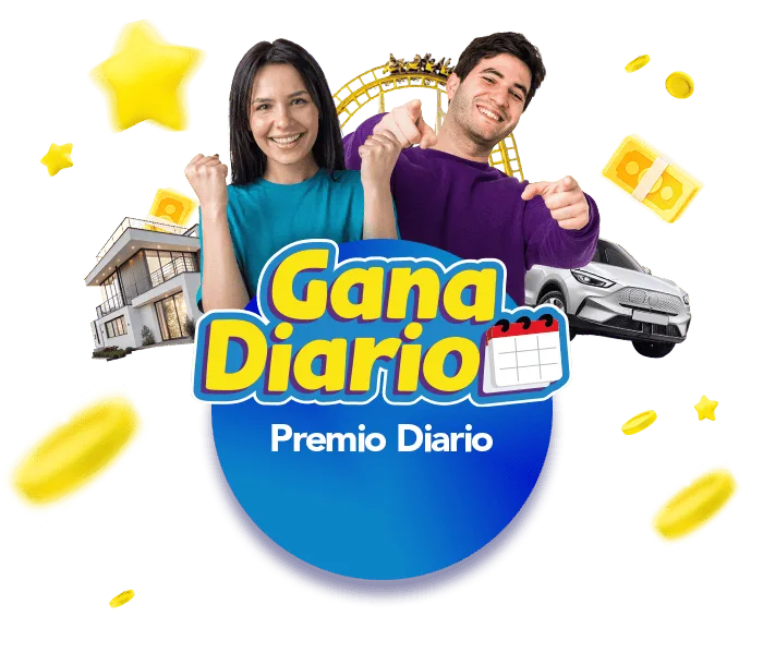 Banner de Gana Diario con una pareja celebrando entre una casa, un auto y monedas, bajo el rótulo Premio Diario
