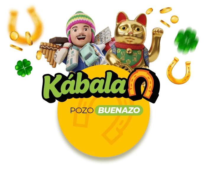 Banner de Kábala con un personaje andino con zampoña, un gato dorado de la suerte y el rótulo Pozo Buenazo