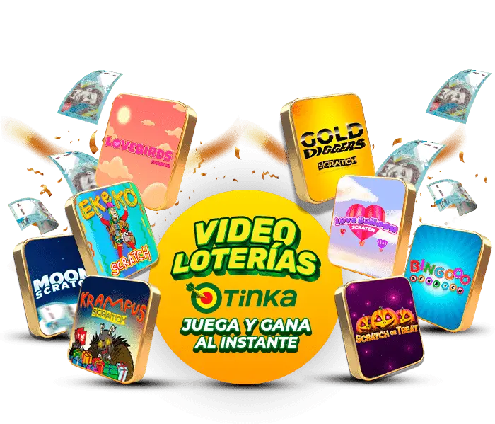 Banner de Video Loterías con varias cartas de raspaditas digitales flotando alrededor de un círculo amarillo con el logotipo Tinka