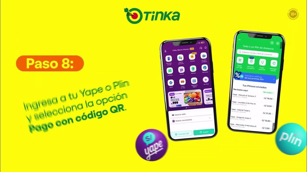Portada de un tutorial de la marca rotulado «Paso 8» que indica entrar a Yape o Plin y elegir la opción de pagar con código QR, con dos teléfonos a la vista.